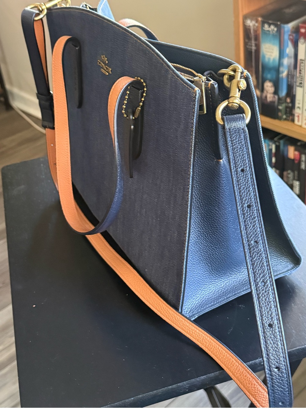 Coach Denim Shoulder Bag in Blue with Tan Straps - Picture 2 of 5